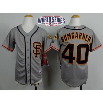 Giants #40 Madison Bumgarner Grey Road 2 Cool Base W/2014 World Series Patch Stitched Youth MLB Jersey