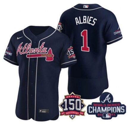 Men's Atlanta Braves #1 Ozzie Albies 2021 Navy World Series Champions With 150th Anniversary Flex Base Stitched Jersey