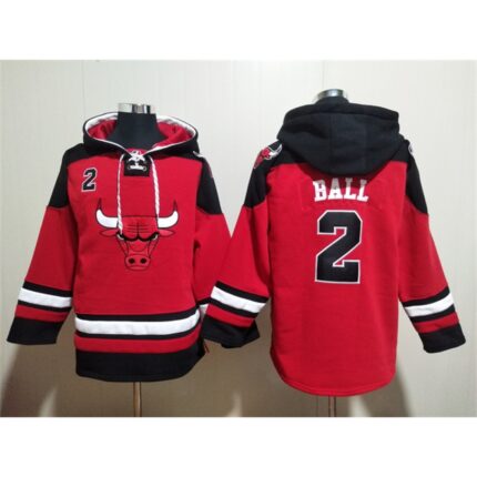 Men's Chicago Bulls #2 Lonzo Ball Red/Black Ageless Must-Have Lace-Up Pullover Hoodie