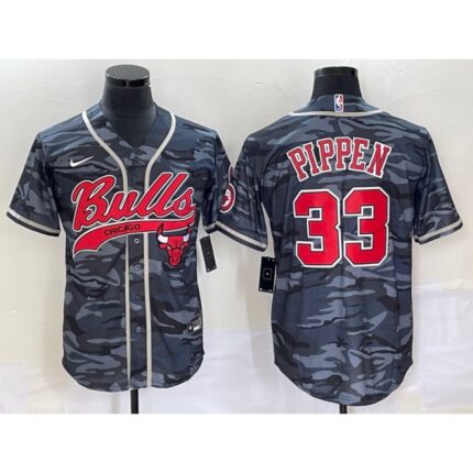 Men's Chicago Bulls #33 Scottie Pippen Gray Camo Cool Base Stitched Baseball Jersey