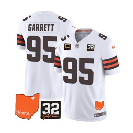 Men's Cleveland Browns #95 Myles Garrett White 2023 F.U.S.E. With Jim Brown Memorial Patch And 4-Star C Patch Vapor Untouchable Limited Stitched Jersey