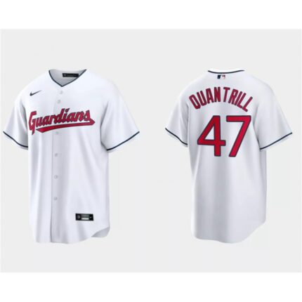 Men's Cleveland Guardians #47 Cal Quantrill White Cool Base Stitched Jersey