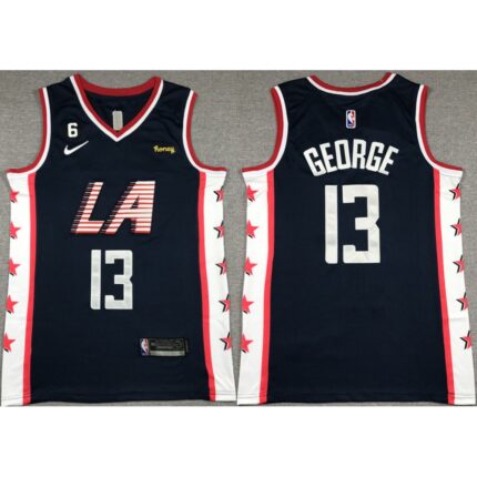 Men's Los Angeles Clippers #13 Paul George Navy 2022/23 City Edition With NO.6 Patch Stitched Jersey