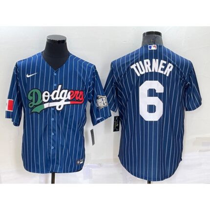 Men's Los Angeles Dodgers #6 Trea Turner Navy Mexico World Series Cool Base Stitched Baseball Jersey
