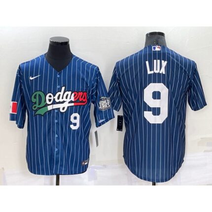 Men's Los Angeles Dodgers #9 Gavin Lux Navy Mexico World Series Cool Base Stitched Baseball Jersey