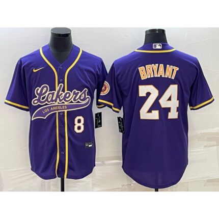Men's Los Angeles Lakers Front #8 Back #24 Kobe Bryant Purple Cool Base Stitched Baseball Jersey