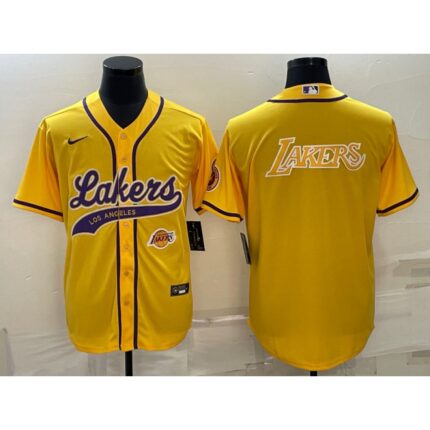 Men's Los Angeles Lakers Yellow Big Logo With Patch Cool Base Stitched Baseball Jersey