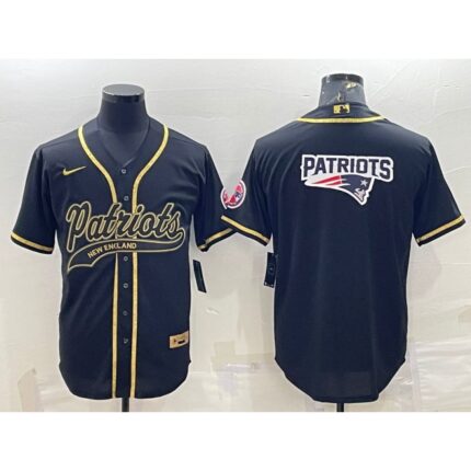Men's New England Patriots Black Gold Team Big Logo With Patch Cool Base Stitched Baseball Jersey