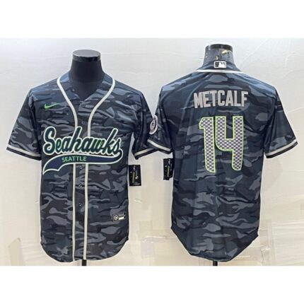 Men's Seattle Seahawks #14 DK Metcalf Grey Camo With Patch Cool Base Stitched Baseball Jersey