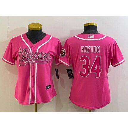 Women's Chicago Bears #34 Walter Payton Pink With Patch Cool Base Stitched Baseball Jersey(Run Small)
