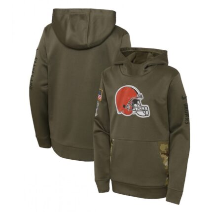 Youth Cleveland Browns 2022 Olive Salute to Service Therma Performance Pullover Hoodie