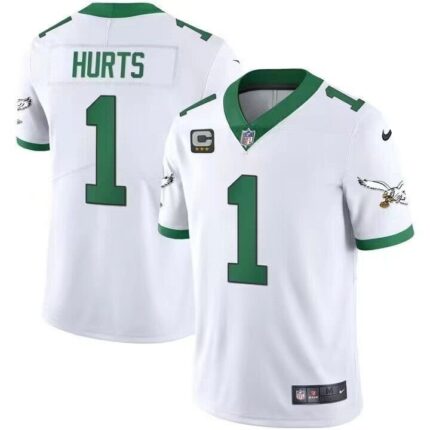 Men's Philadelphia Eagles Jalen Hurts Nike Jersey-White with green printing-Three-star captain's patch